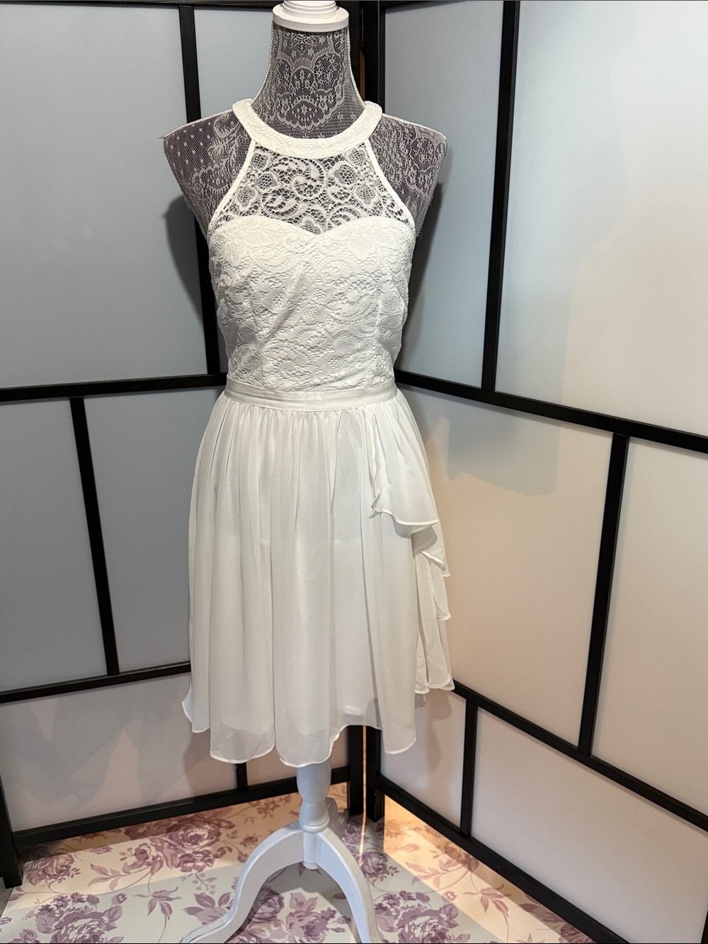 Lace Halter Mini Dress in White